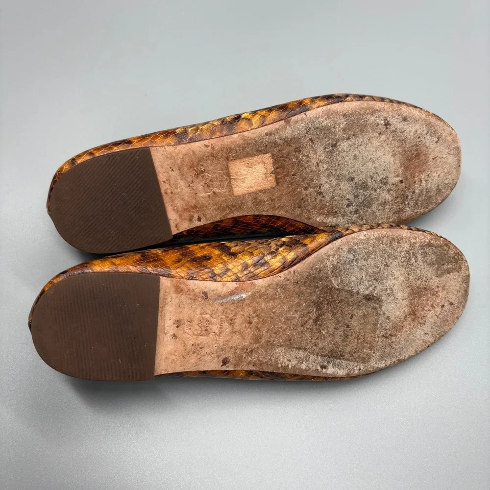 Tory Burch Ballet Flats 7M Snakeskin Python Embossed Leather Logo Charm Brown‎